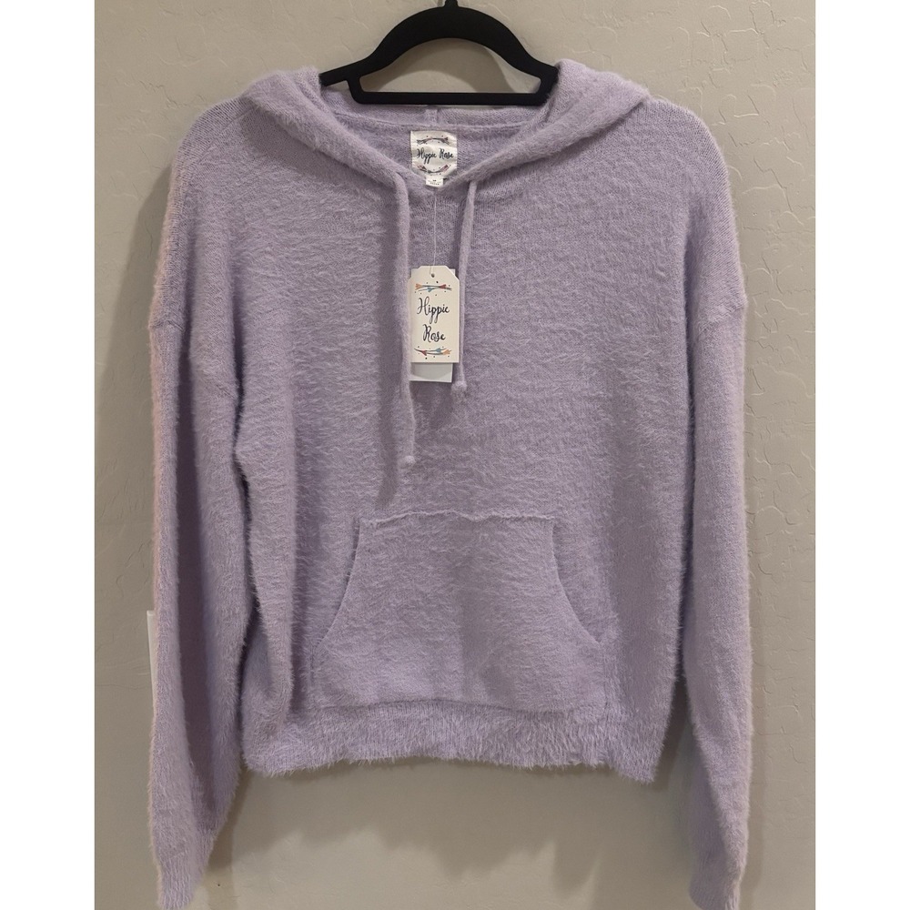 NWT Hippie Rose Sweater Womens Medium Lavender Haze Fuzzy Knit Hoodie Pullover